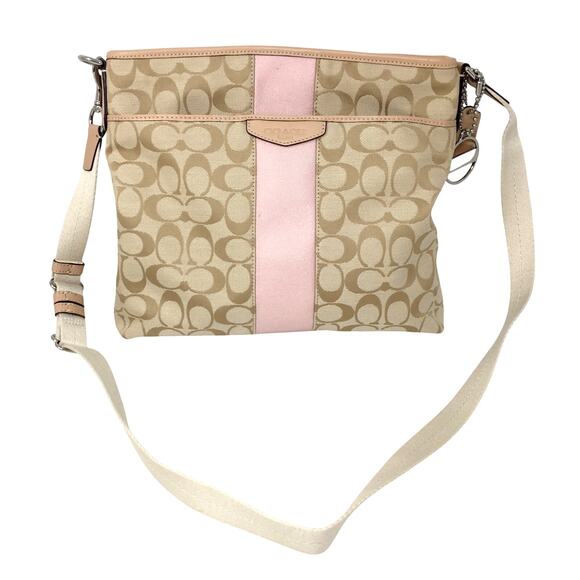 Coach Monogram Tan Canvas Crossbody Bag with Wide Pink Stripe in Center - Picture 16 of 16